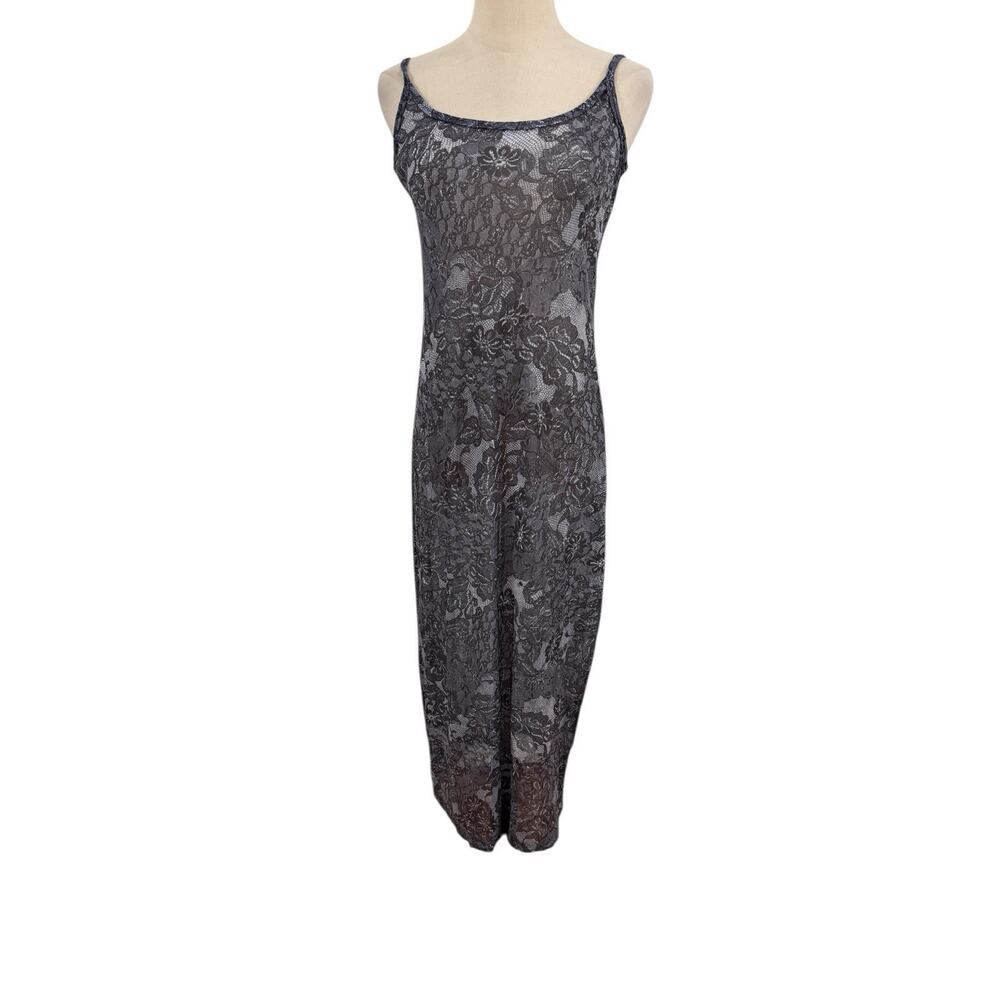 Vtg 90s Express Tricot Maxi Dress Semi Sheer Mach Lace Print‎ Slip Sz S Goth